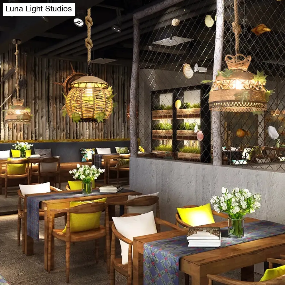 Industrial Style Rope Pendant Light with Artificial Leaf - 6.5"/8.5" W Global Restaurant Hanging Ceiling Lighting in Beige