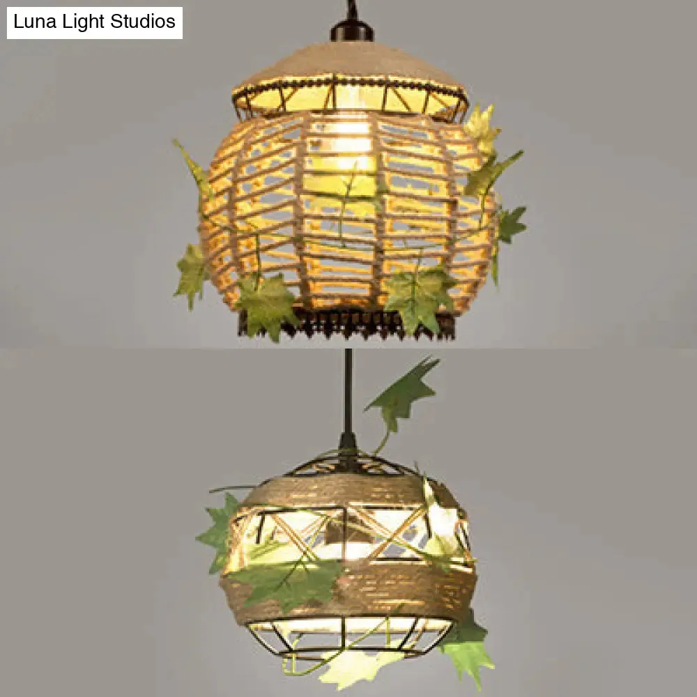 Industrial Style Rope Pendant Light with Artificial Leaf - 6.5"/8.5" W Global Restaurant Hanging Ceiling Lighting in Beige