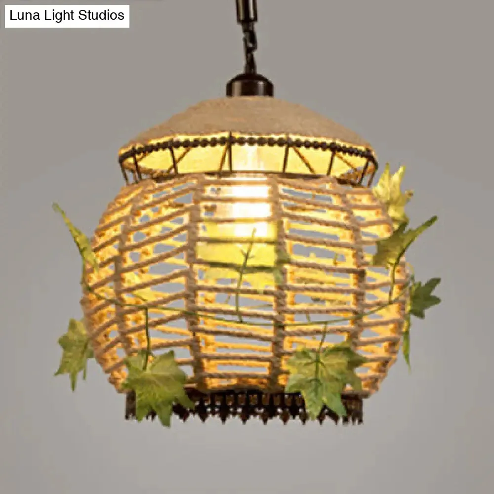 Industrial Style Rope Pendant Light with Artificial Leaf - 6.5"/8.5" W Global Restaurant Hanging Ceiling Lighting in Beige