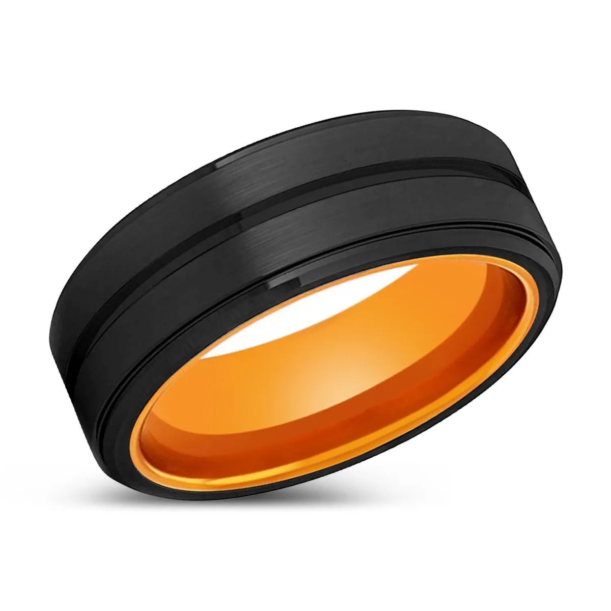 IRONMAN | Orange Ring, Black Tungsten Ring, Grooved, Stepped Edge