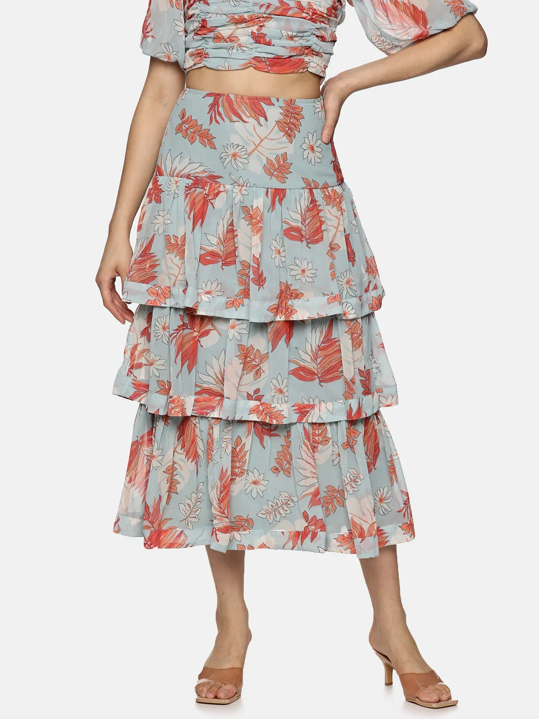 IS.U Floral Light  Blue  Tiered Skirt