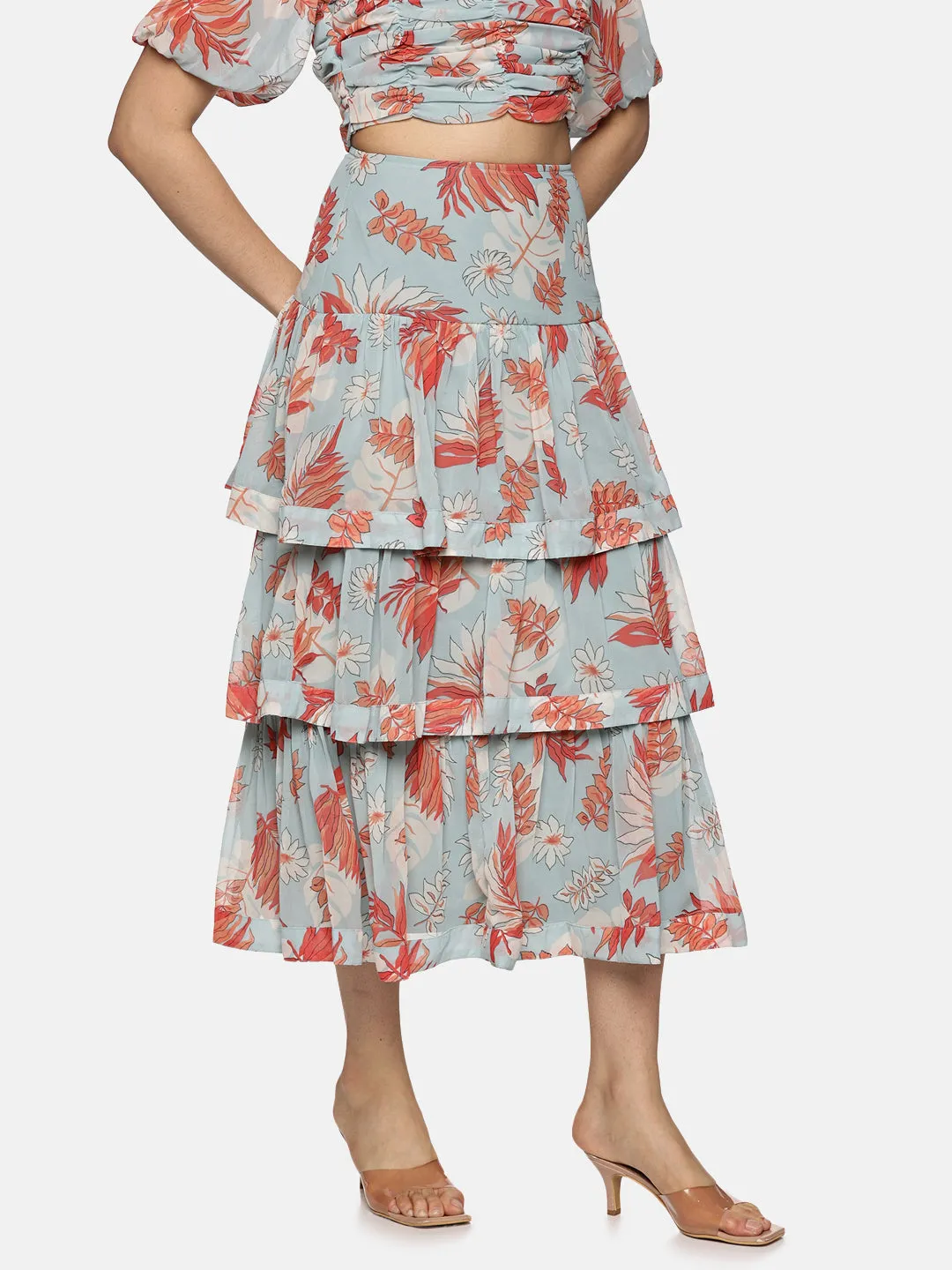 IS.U Floral Light  Blue  Tiered Skirt