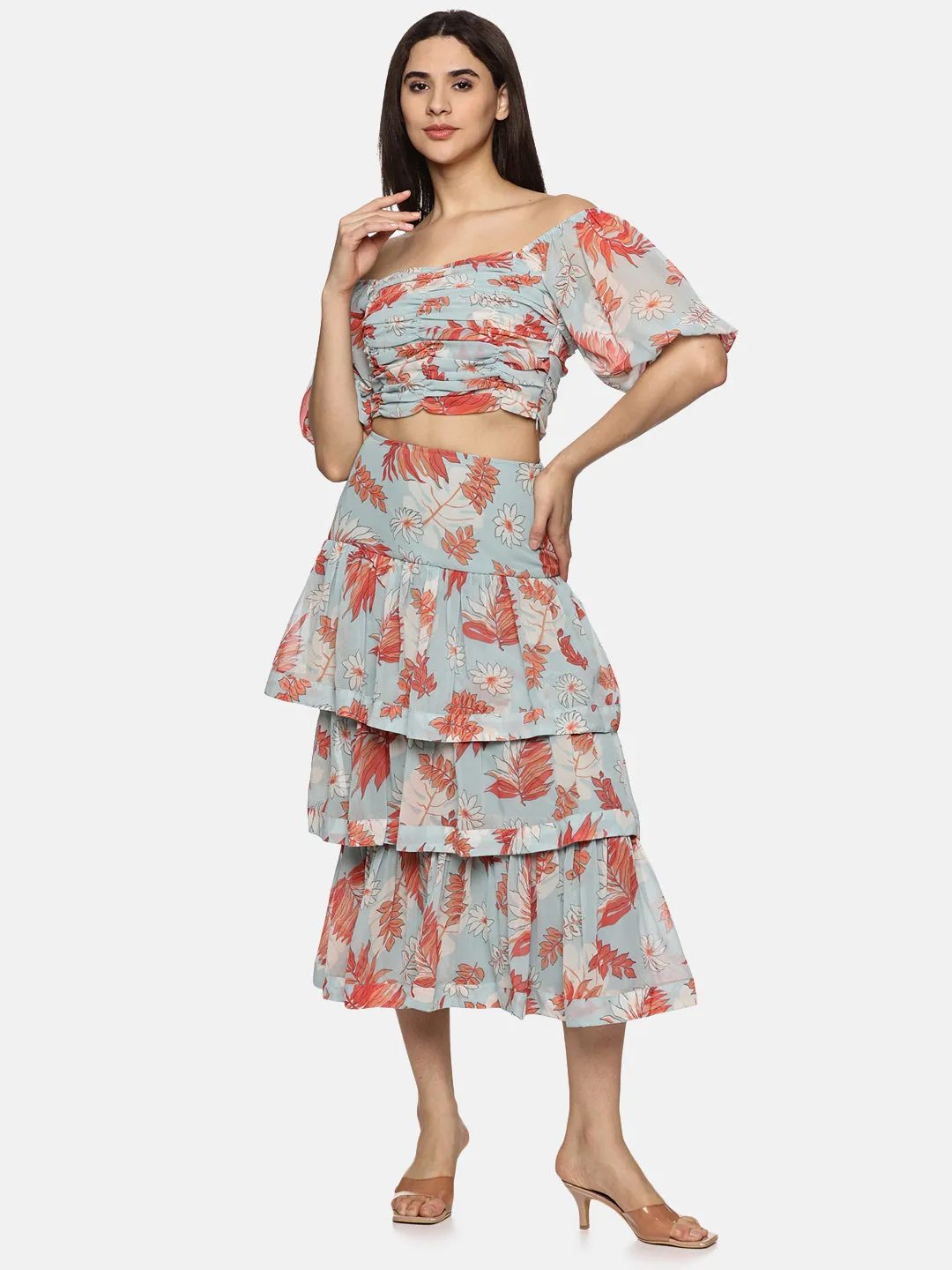 IS.U Floral Light  Blue  Tiered Skirt