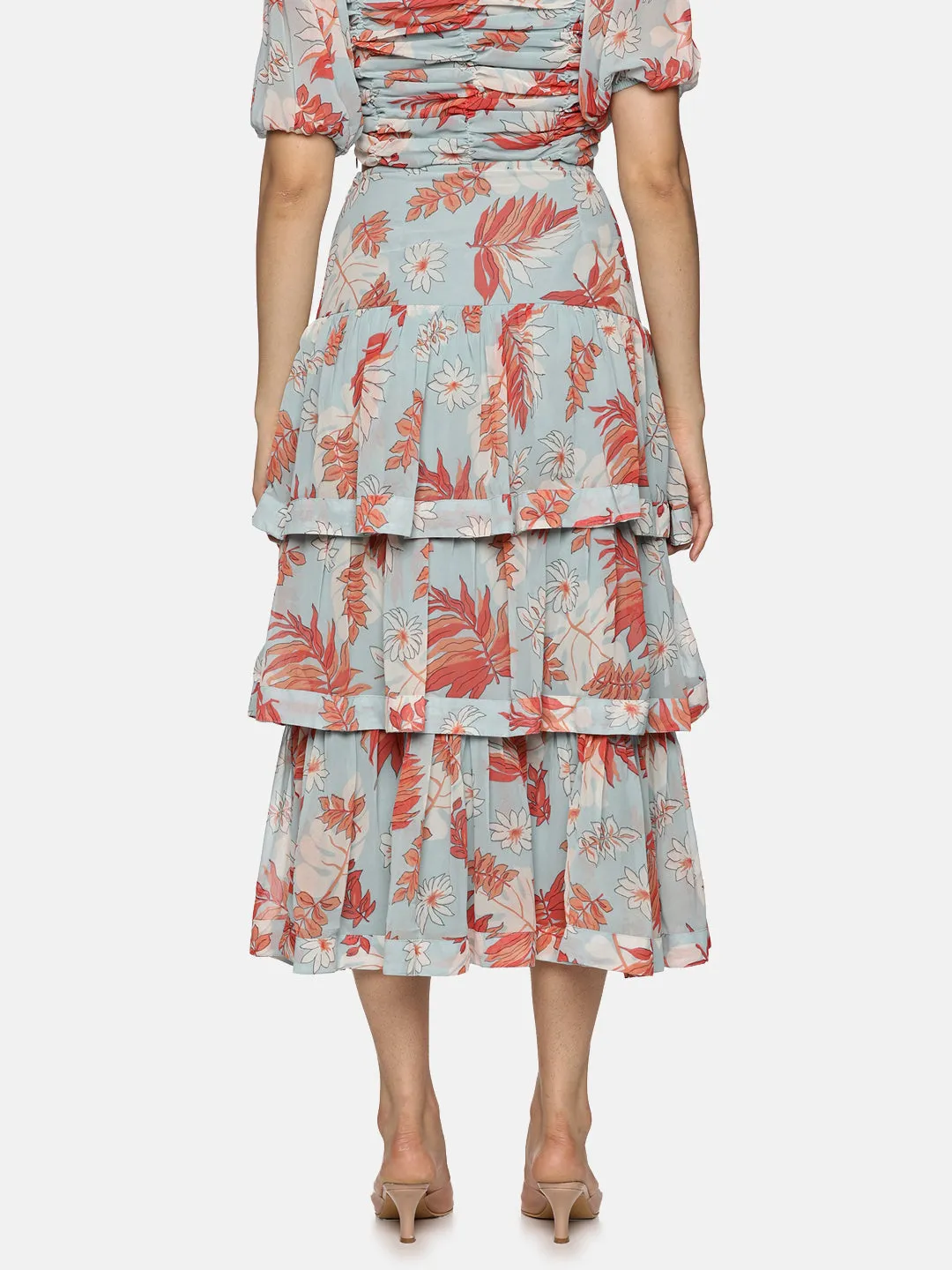 IS.U Floral Light  Blue  Tiered Skirt