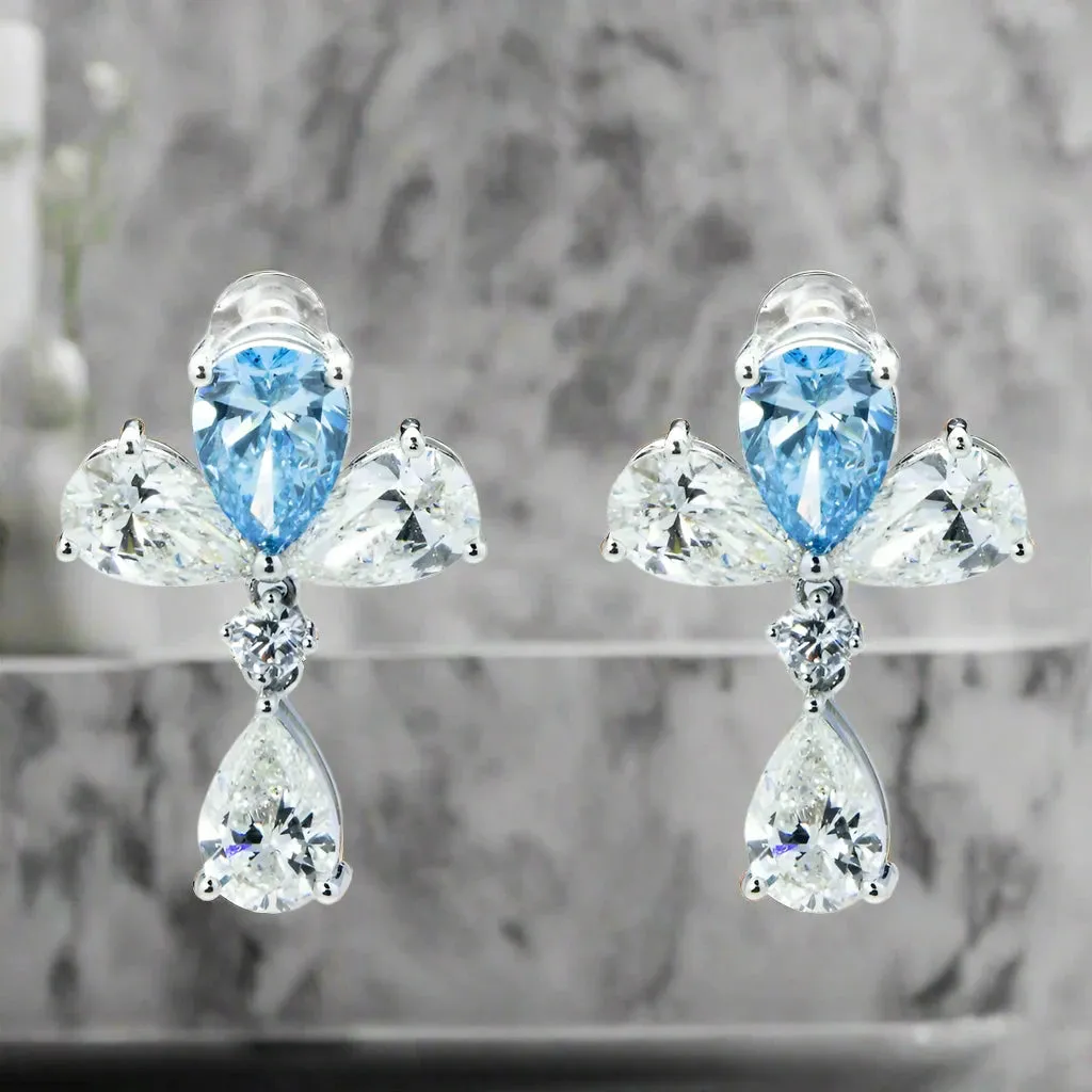 Kimber 9 Carats Pear Cut Lab Grown Fancy Vivid Blue Diamond Drop Earrings in 18K White Gold