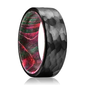 KRETZ | Green and Red Wood, Black Tungsten Ring, Hammered, Flat