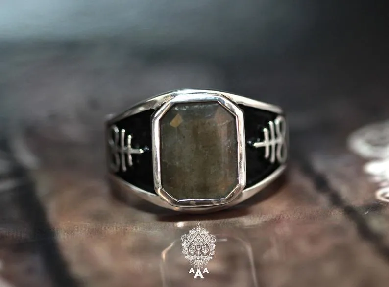 Leviathan Sulfur / Satanic Cross Labradorite Ring .925 Silver