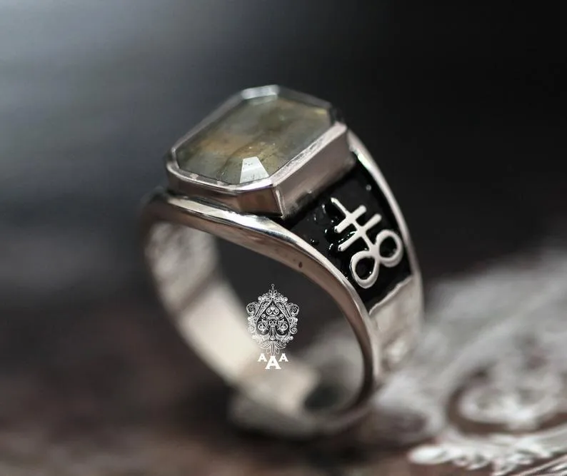 Leviathan Sulfur / Satanic Cross Labradorite Ring .925 Silver