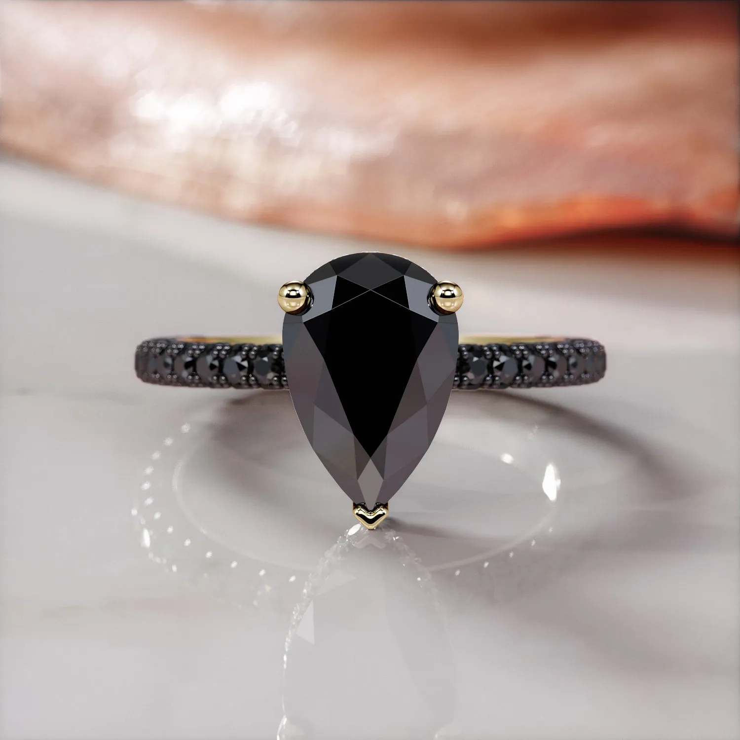 Luar - Natural Black Diamond Pear wedding band and Engagement Ring  in Yellow Gold