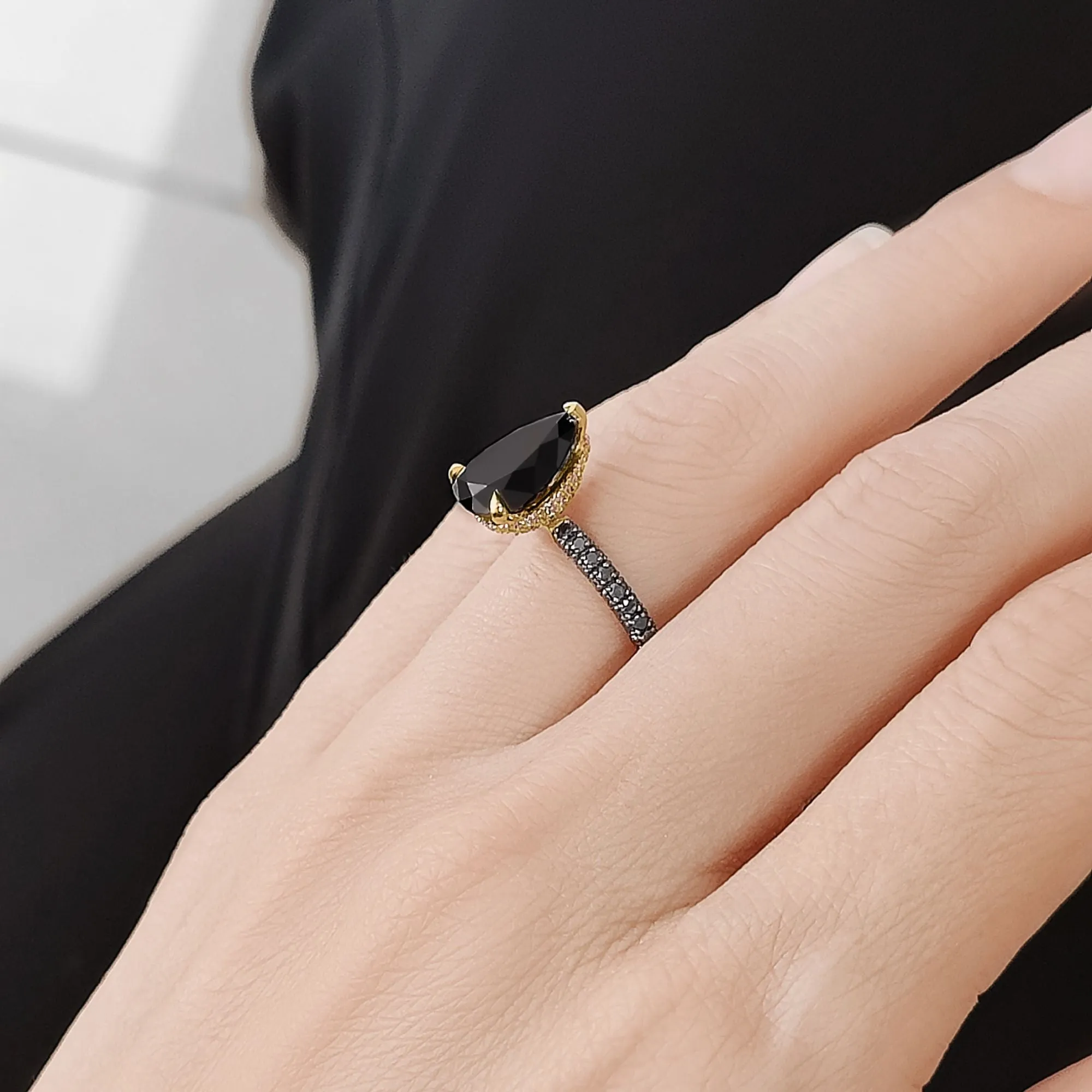 Luar - Natural Black Diamond Pear wedding band and Engagement Ring  in Yellow Gold