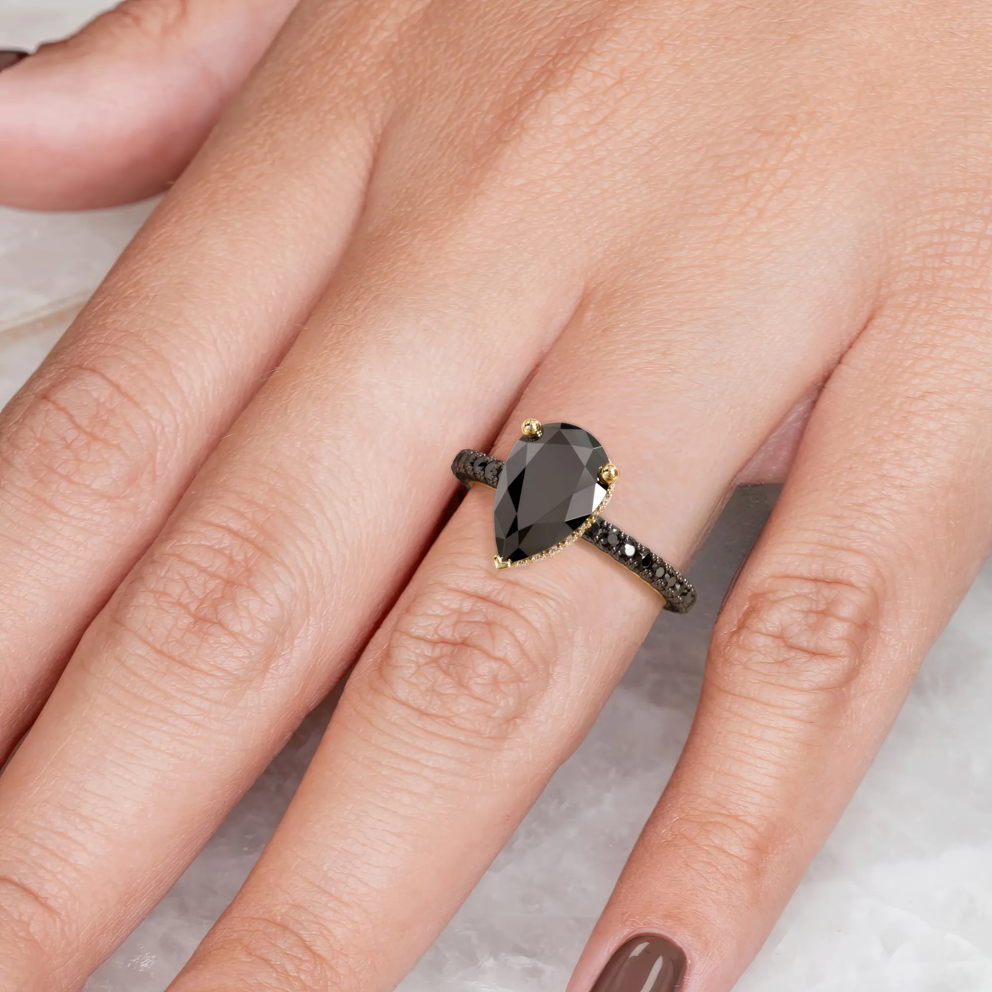 Luar - Natural Black Diamond Pear wedding band and Engagement Ring  in Yellow Gold