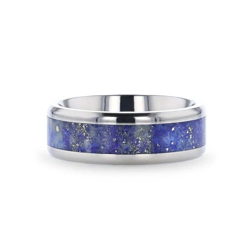 MALONE Men's Titanium Wedding Ring with Blue Lapis Inlay & Beveled Edges - 8mm