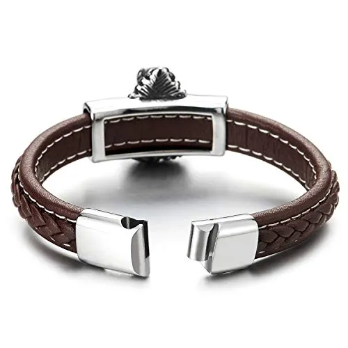 Mens Large Brown Braided Leather Straps Bangle Bracelet with Stainless Steel Vintage Lion Head