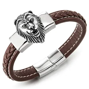 Mens Large Brown Braided Leather Straps Bangle Bracelet with Stainless Steel Vintage Lion Head