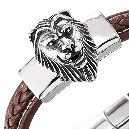 Mens Large Brown Braided Leather Straps Bangle Bracelet with Stainless Steel Vintage Lion Head