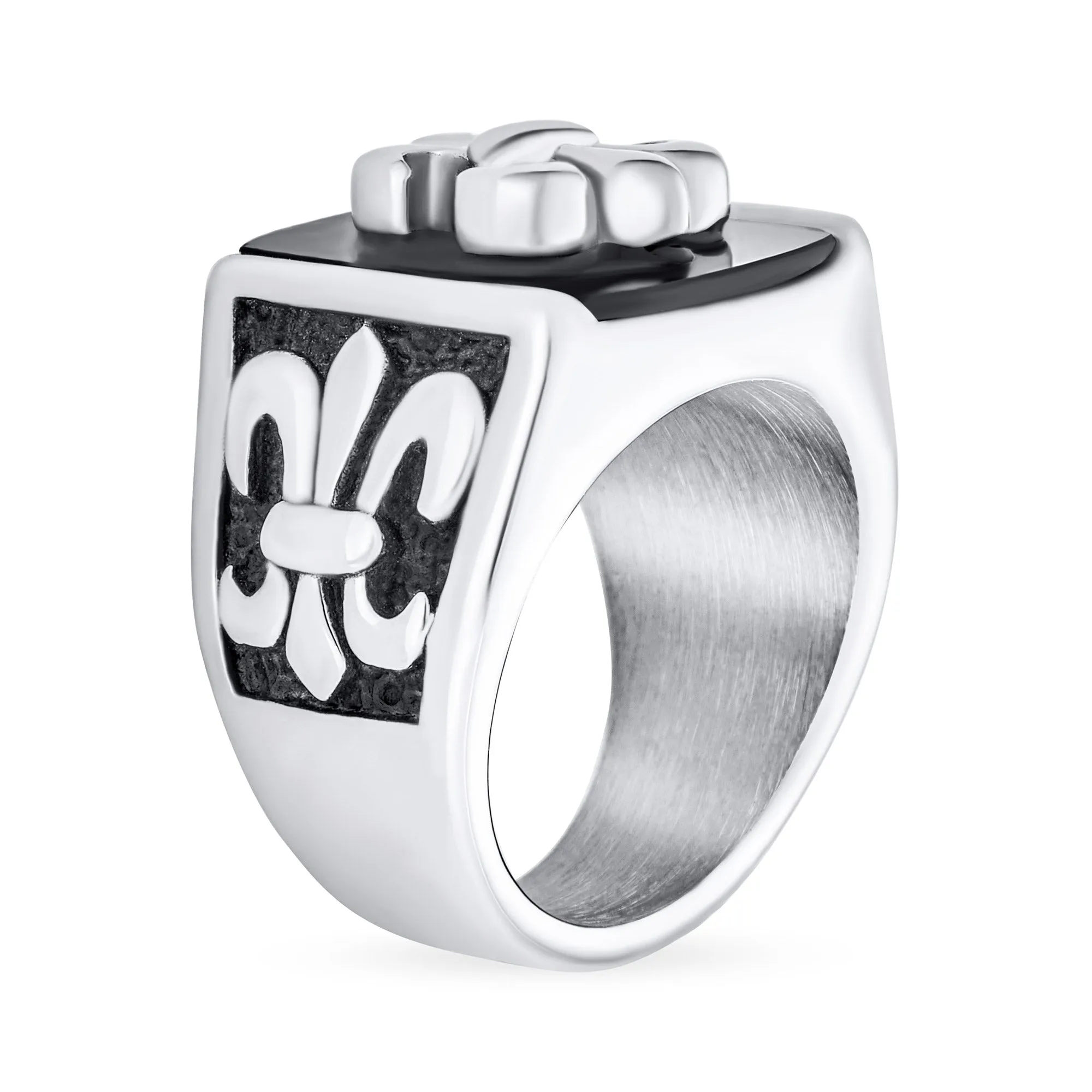 Mens Stainless Steel Black Onyx Fleur De Lis Signet Ring Silver Tone