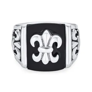 Mens Stainless Steel Black Onyx Fleur De Lis Signet Ring Silver Tone