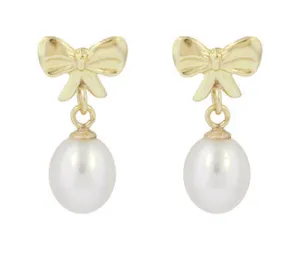 Mid-Century Bows and Pearls Drop Earrings in 14 Karat Yellow Gold