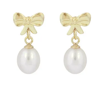 Mid-Century Bows and Pearls Drop Earrings in 14 Karat Yellow Gold