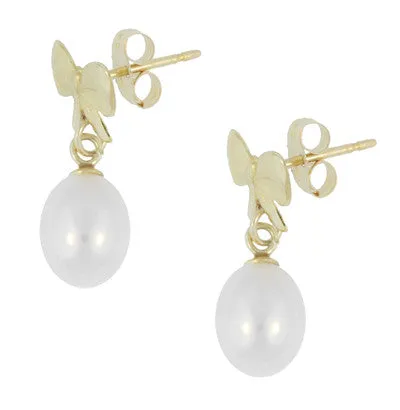 Mid-Century Bows and Pearls Drop Earrings in 14 Karat Yellow Gold