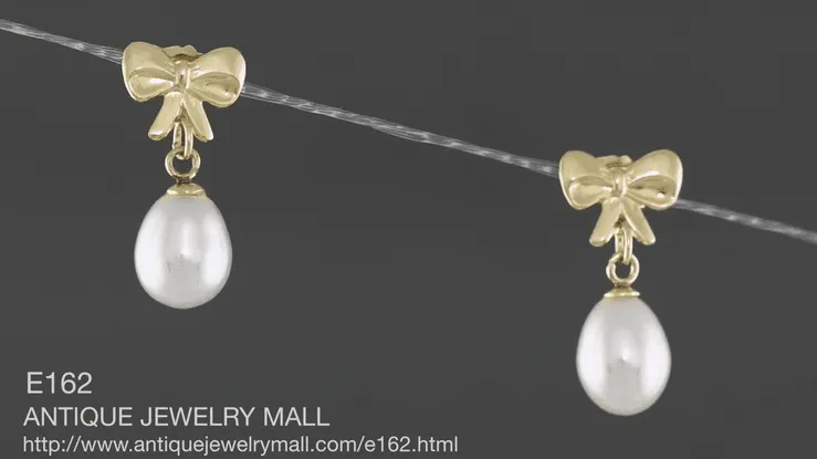 Mid-Century Bows and Pearls Drop Earrings in 14 Karat Yellow Gold