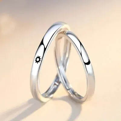 Minimalist Silver Sun Moon Adjustable Ring - Couple Engagement Jewelry