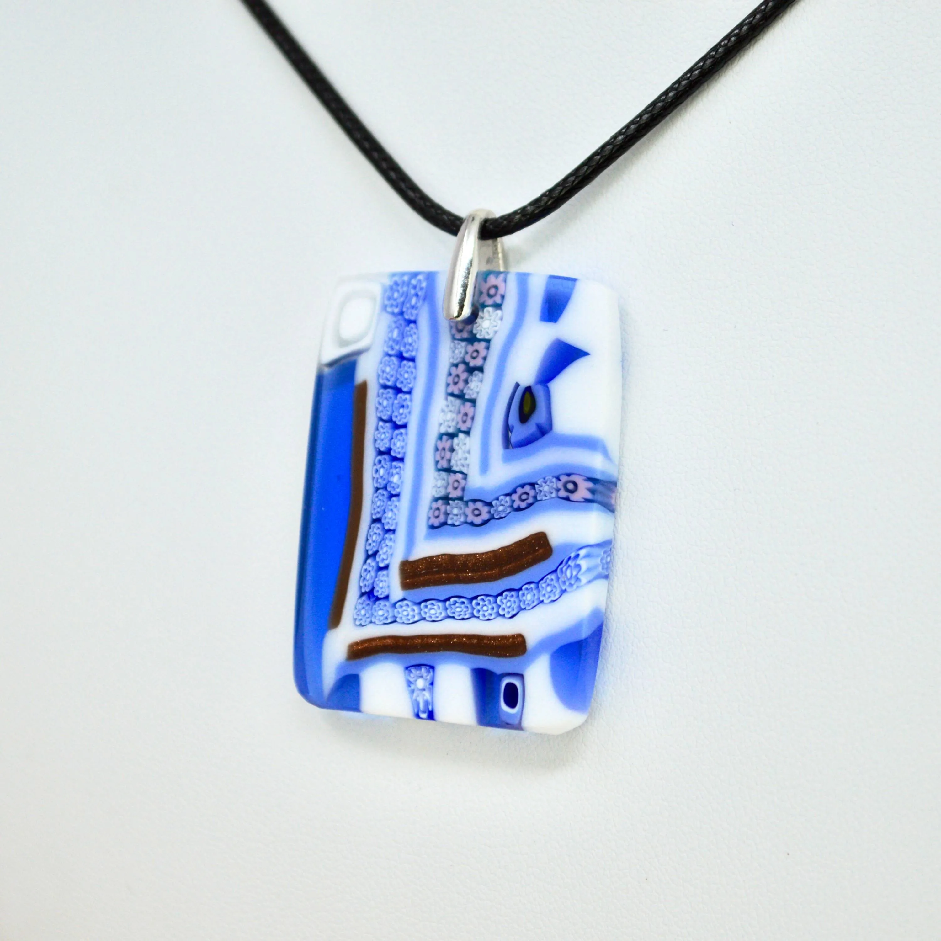 Murano Glass Millefiori Mosaic Rectangle Pendant, Sky Blue, Made in Italy