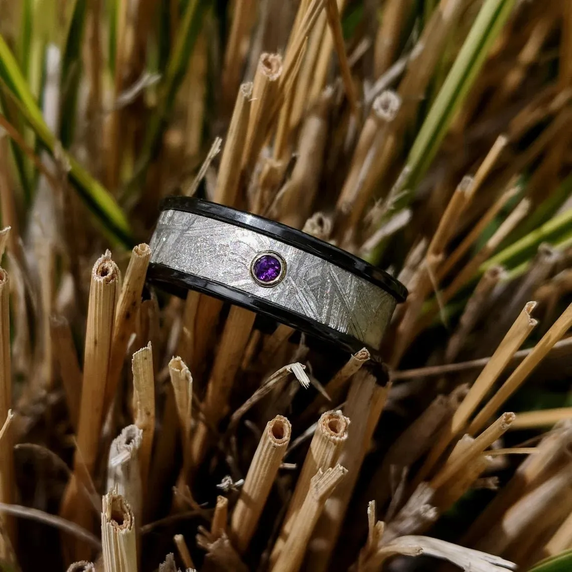 New 7mm Wide Meteorite Rings, Amethyst Meteorite Wedding Rings