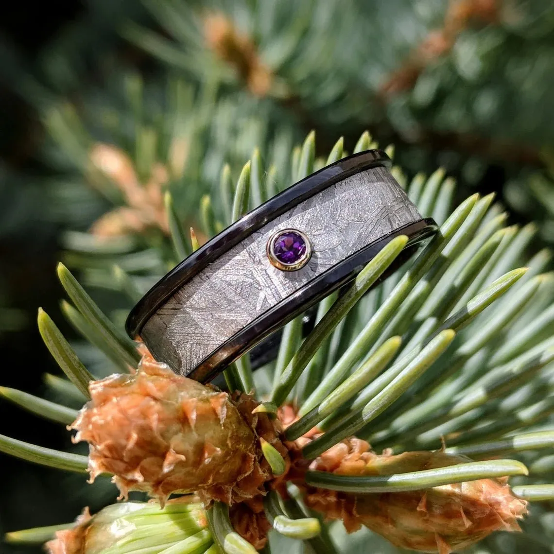 New 7mm Wide Meteorite Rings, Amethyst Meteorite Wedding Rings