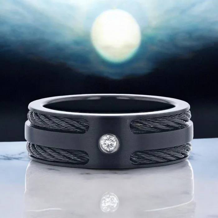 NOIR | Black Titanium Ring, Double Black Rope Inlay, Diamond