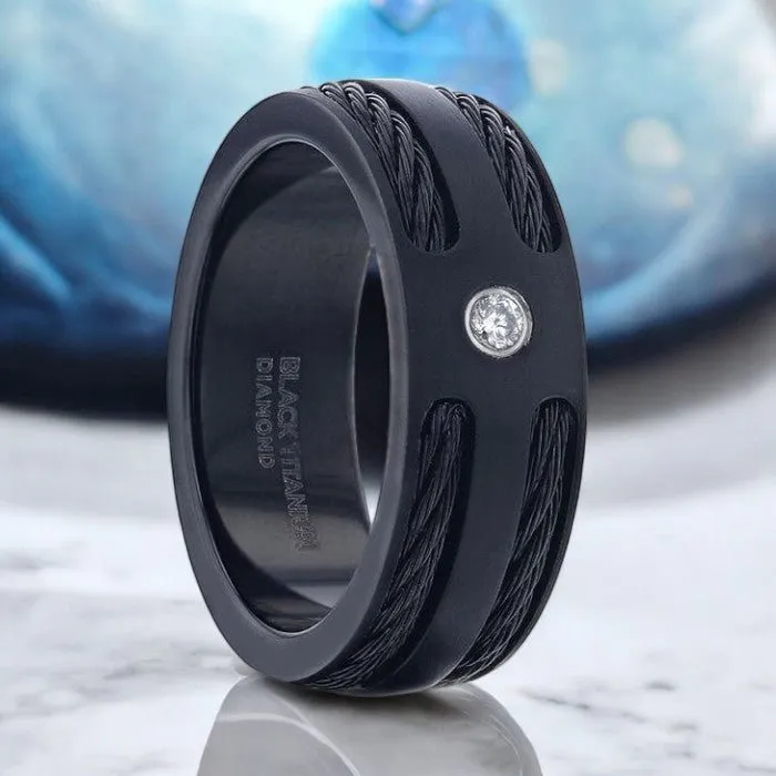 NOIR | Black Titanium Ring, Double Black Rope Inlay, Diamond