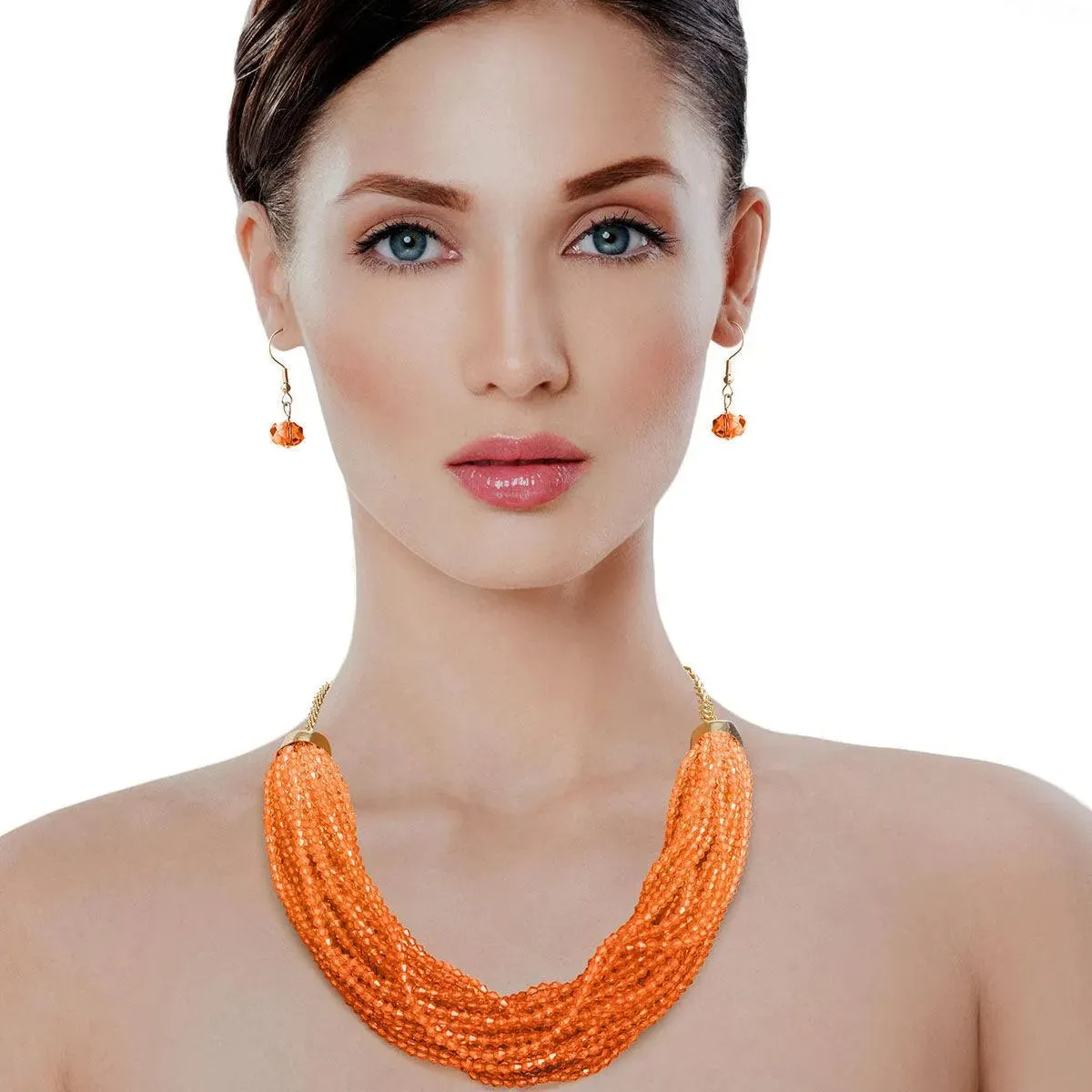 Orange Bead Multi Strand Necklace with Earrings