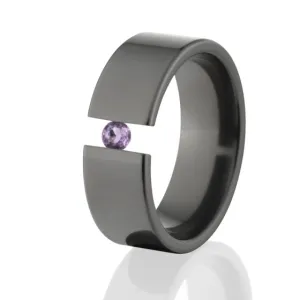 Pipe Cut Tension Set Ring, 8mm Black Zirconium, Amethyst