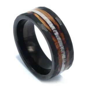 "Adventurer" Deer Antler Whiskey Barrel Black Hammered Tungsten Carbide Ring