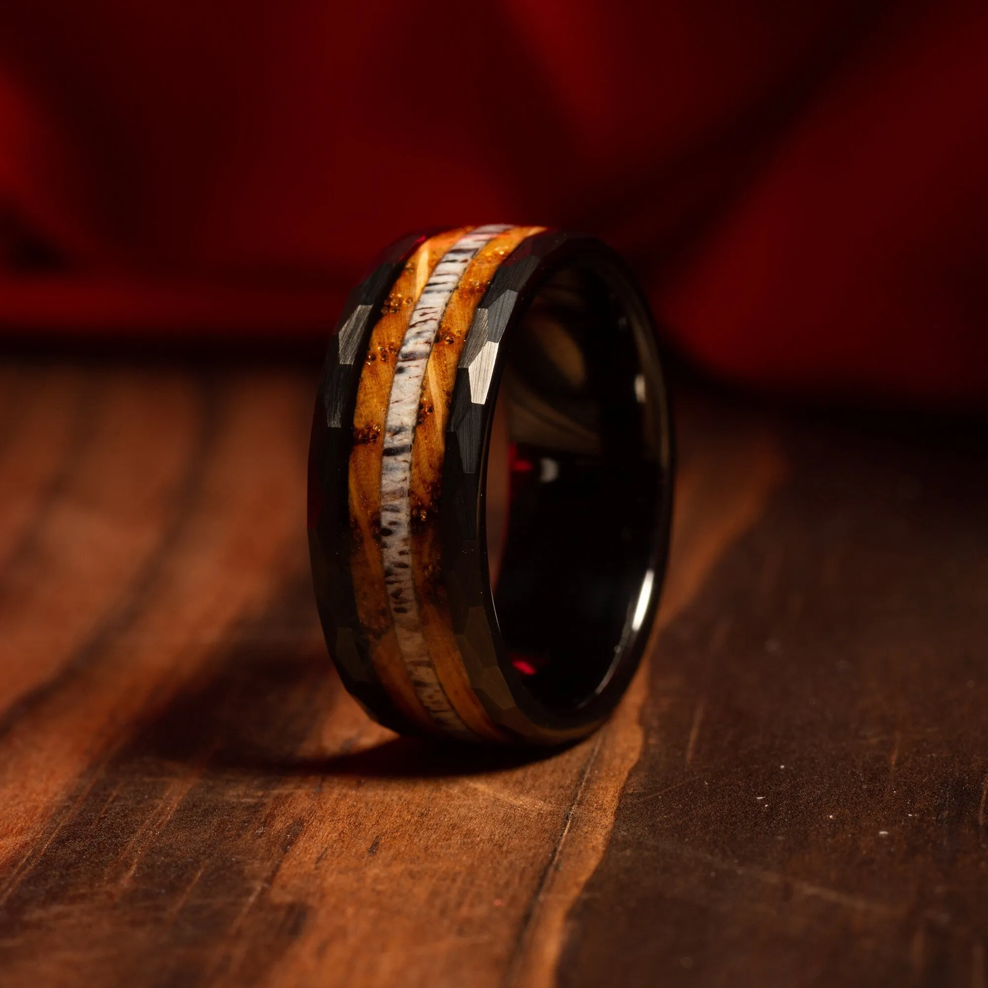 "Adventurer" Deer Antler Whiskey Barrel Black Hammered Tungsten Carbide Ring