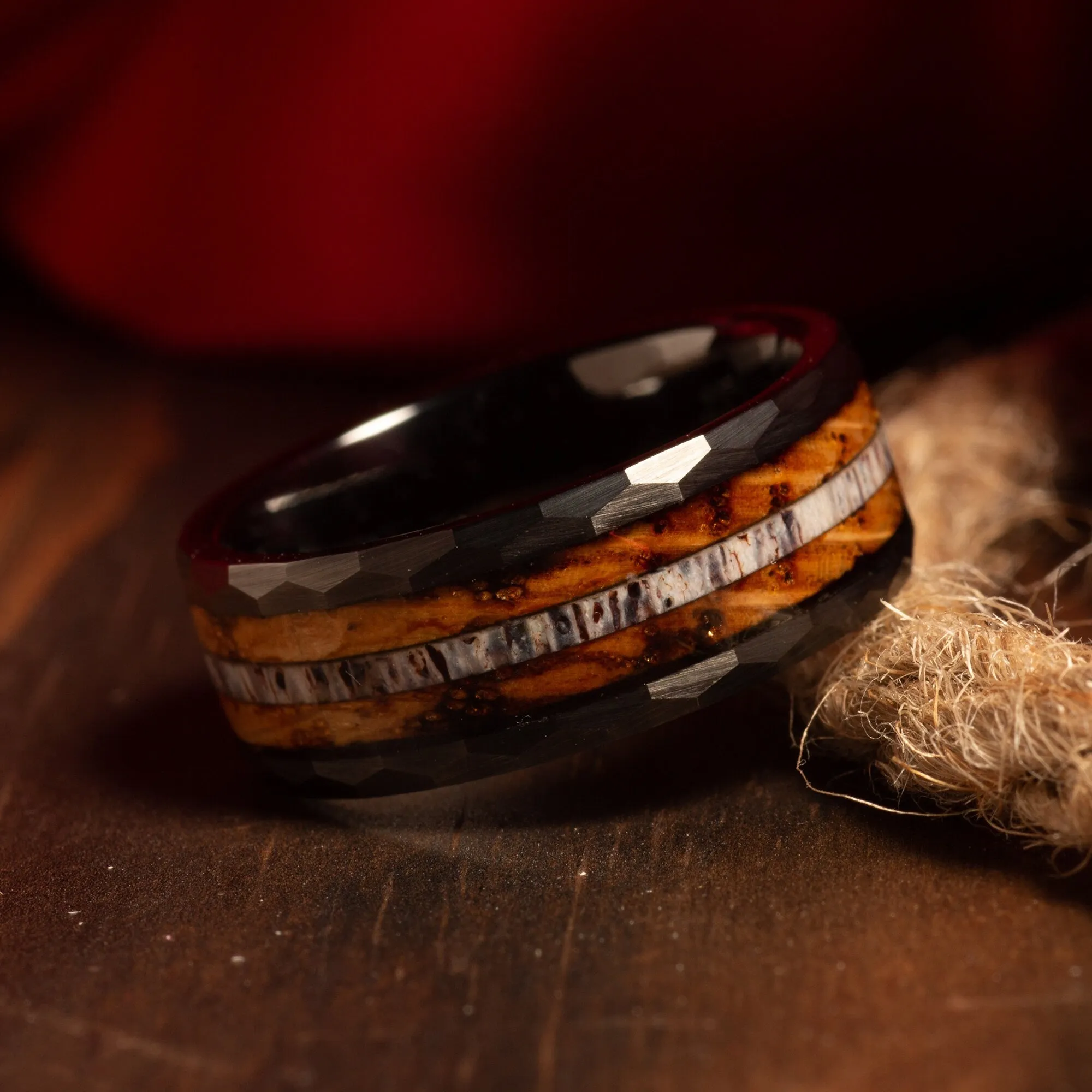 "Adventurer" Deer Antler Whiskey Barrel Black Hammered Tungsten Carbide Ring