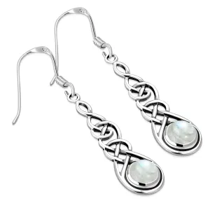 Rainbow Moonstone Celtic Long Silver Earrings