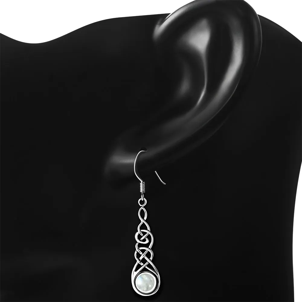 Rainbow Moonstone Celtic Long Silver Earrings