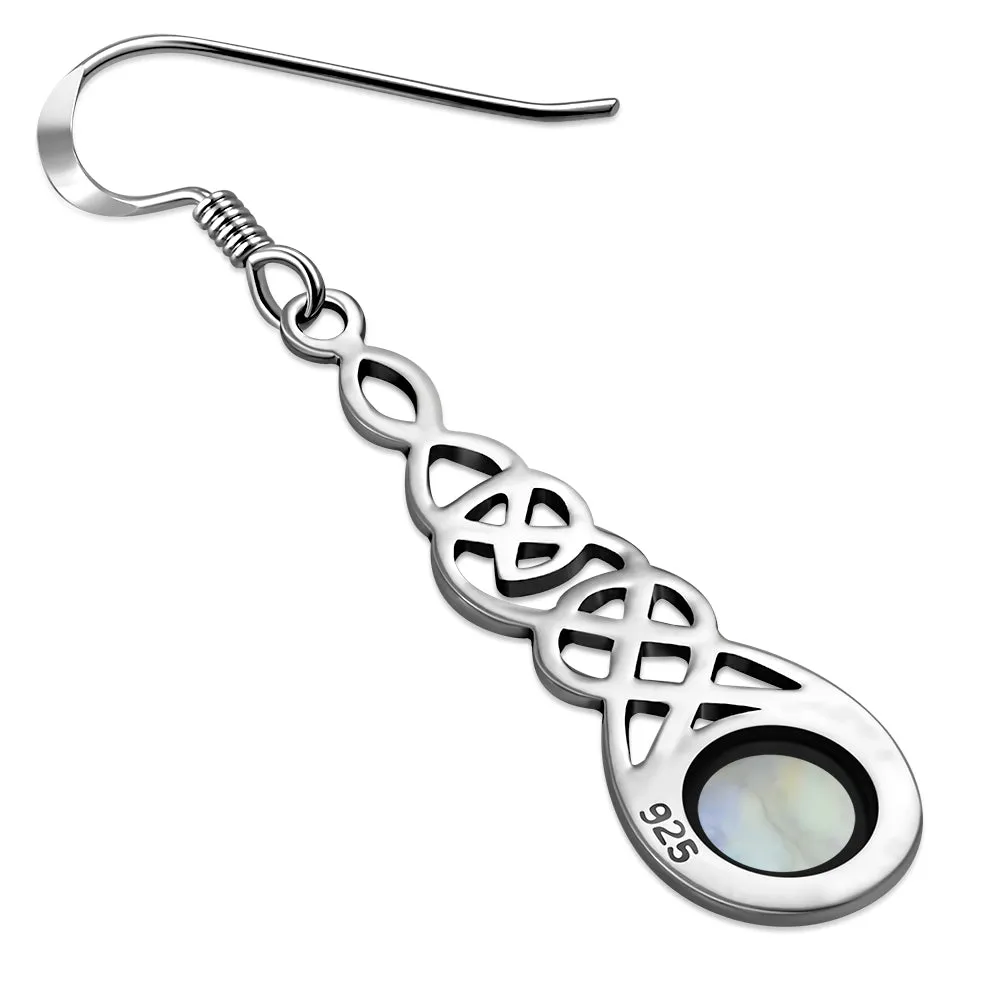 Rainbow Moonstone Celtic Long Silver Earrings