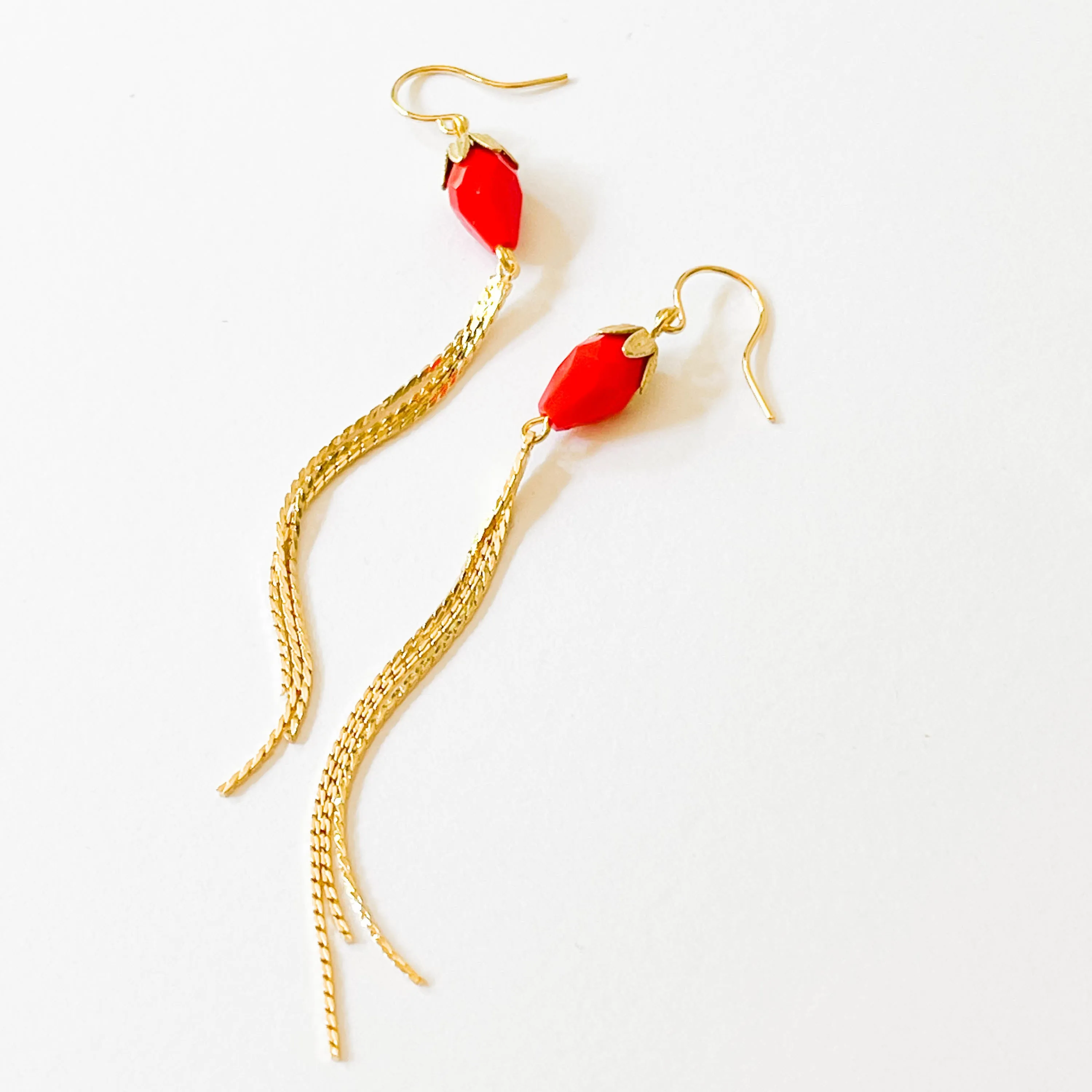 Red Gold Chain Tassel Earrings