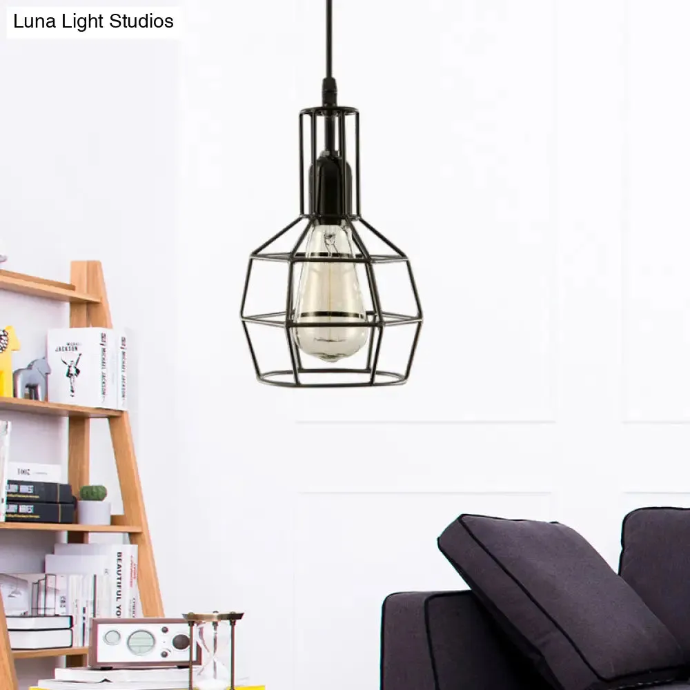 Retro Black Metal 1-Light Prism Cage Pendant Ceiling Light – Ideal for Living Room