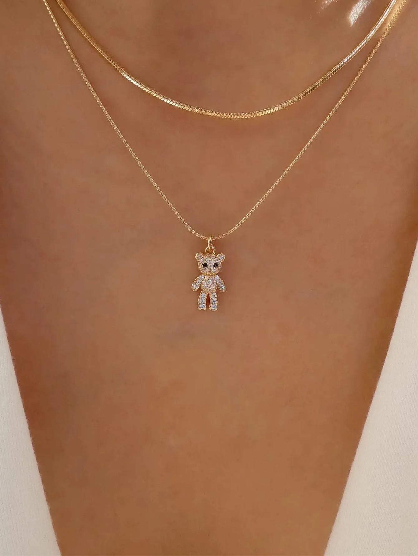 Rhinestone Bear Pendant Layered Necklace Jewelry for Women Gift for Her Necklace