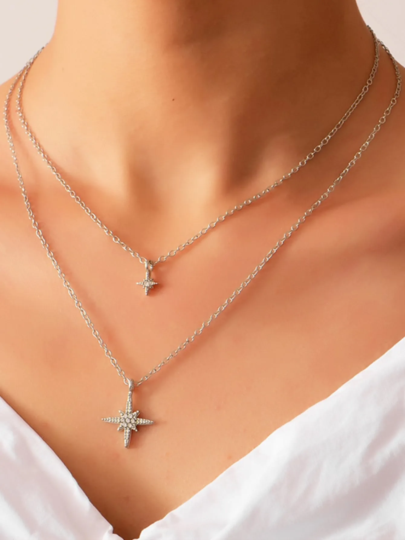 Rhinestone Four-pointed Star Charm Layered Necklace Jewelry for Women Gift for