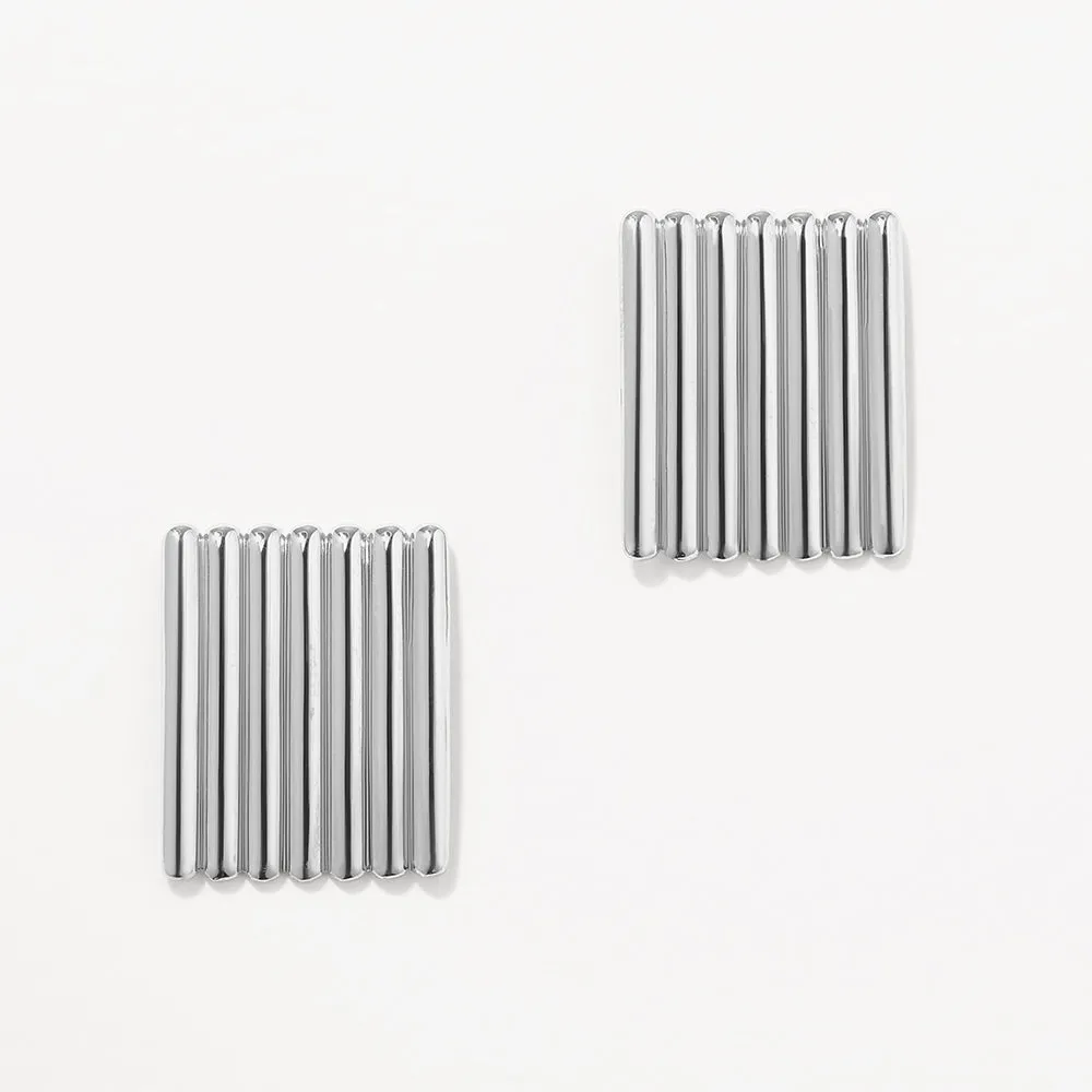 Ribbed Square Stud Earrings in Silver