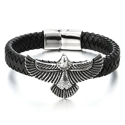 Rock Punk Stainless Steel Flying Eagle Bangle Bracelet Black Braided Leather Wristband for Men