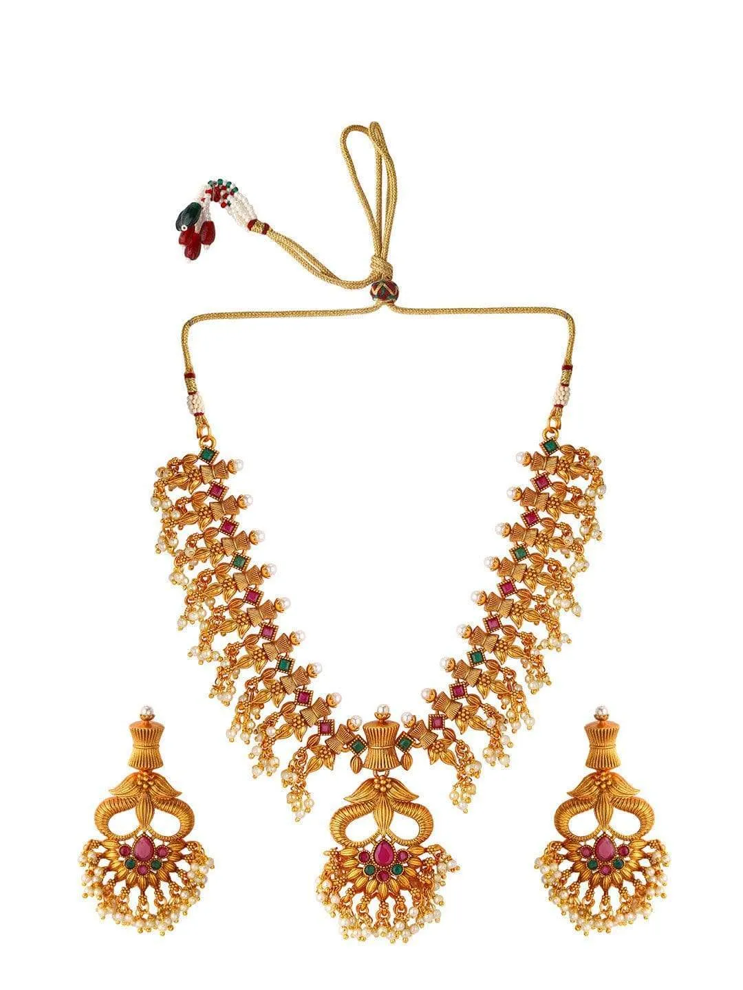 Rubans Gold Plated Color Stone Temple Necklace Set