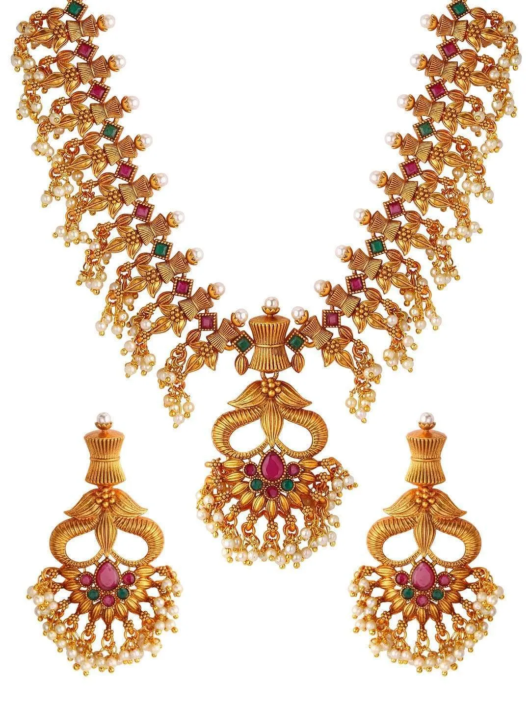 Rubans Gold Plated Color Stone Temple Necklace Set