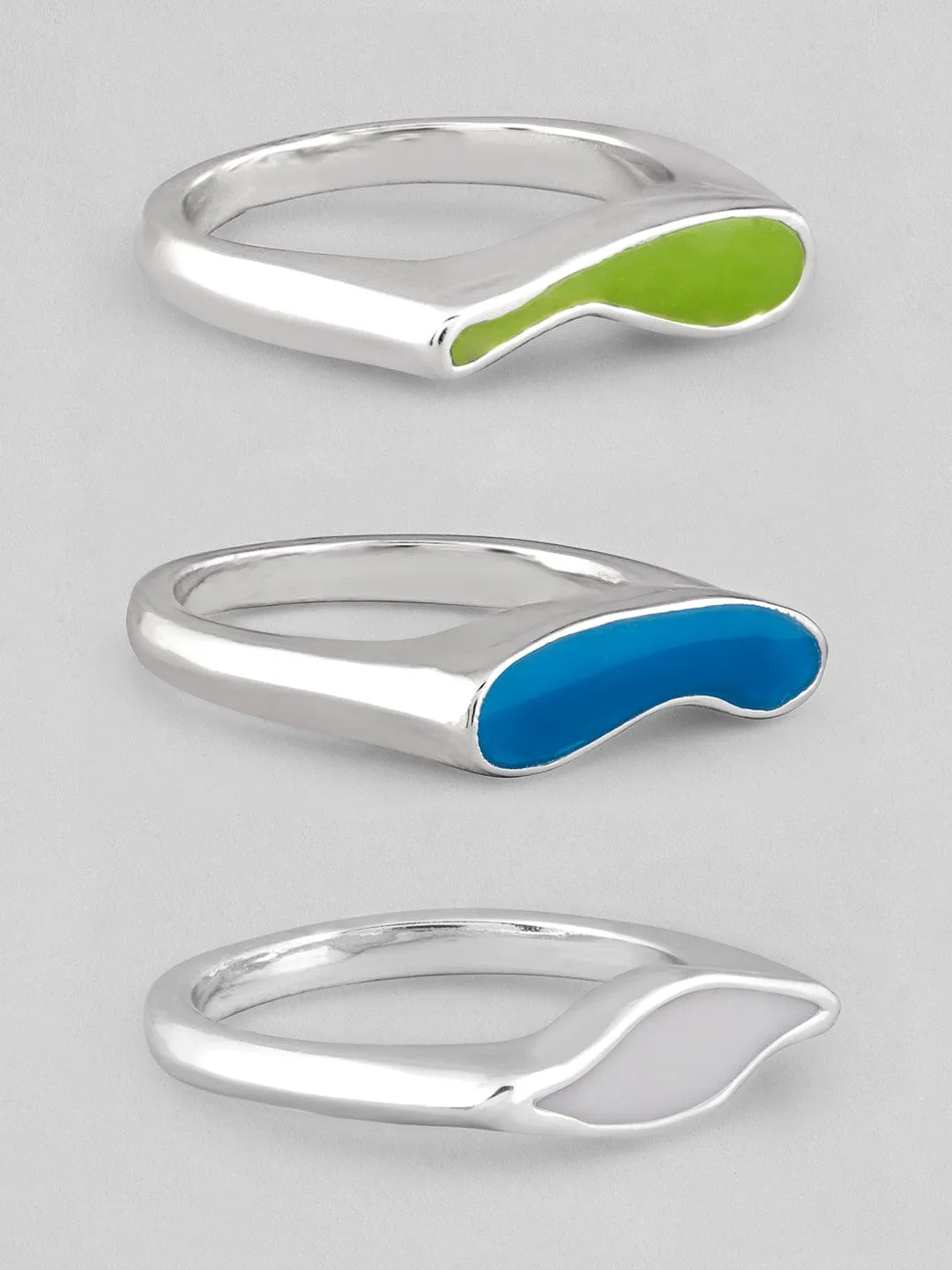 Rubans Voguish Set Of 3 Silver-Plated Blue White Enamel Finger Rings