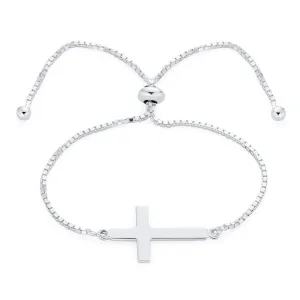 Simple Religious Horizonal Sideways Cross Bracelet .925Sterling Silver