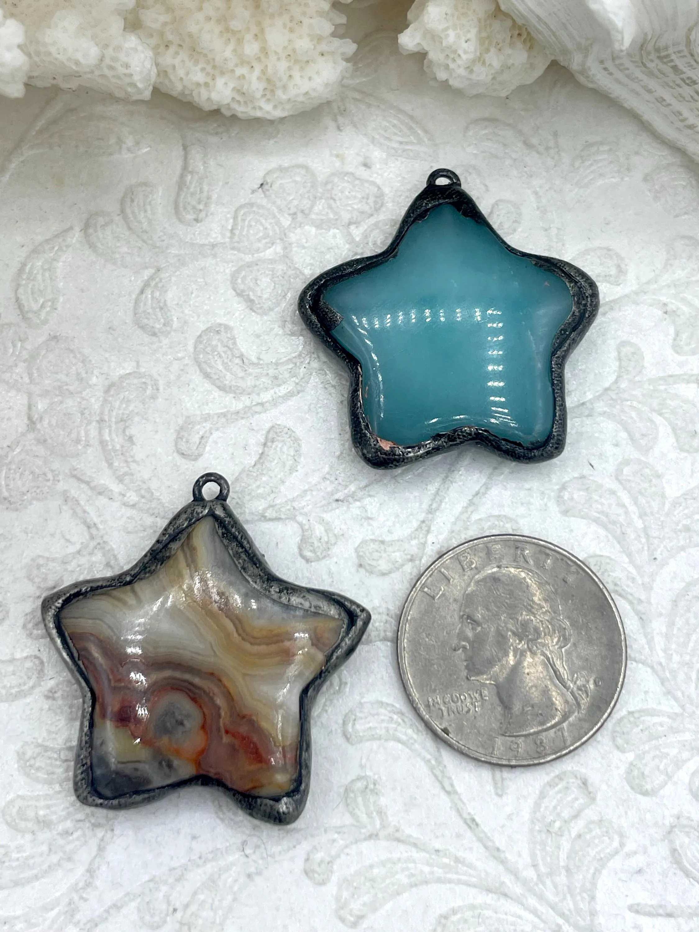 Soldered Natural Stone Pendants, Star Shaped Stone Pendants with Gunmetal Soldering, Crazy Lace Agate or Amazonite Natural Stone. Fast Ship.